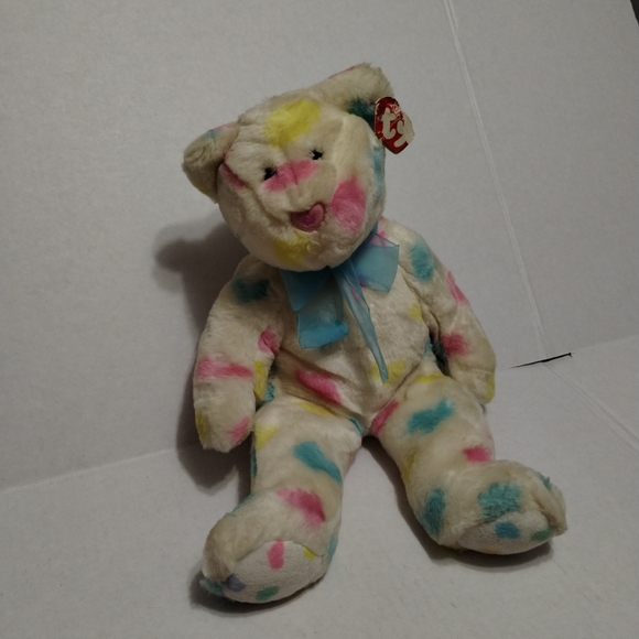 Vintage Beanie Baby Kissme.Ty Multicolor Plush Bear with Blue Bow - Picture 2 of 5